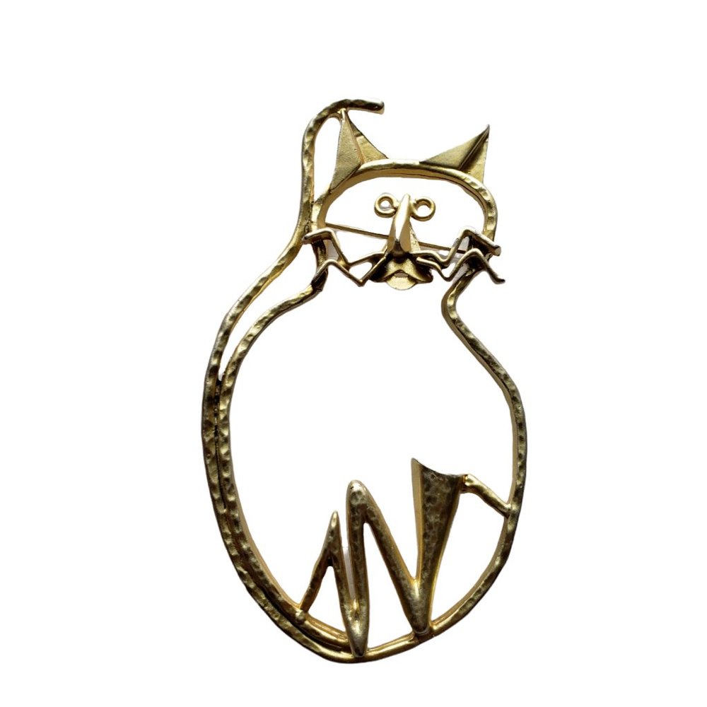 Vintage Big Fat Cat Gold Tone Brooch Outline